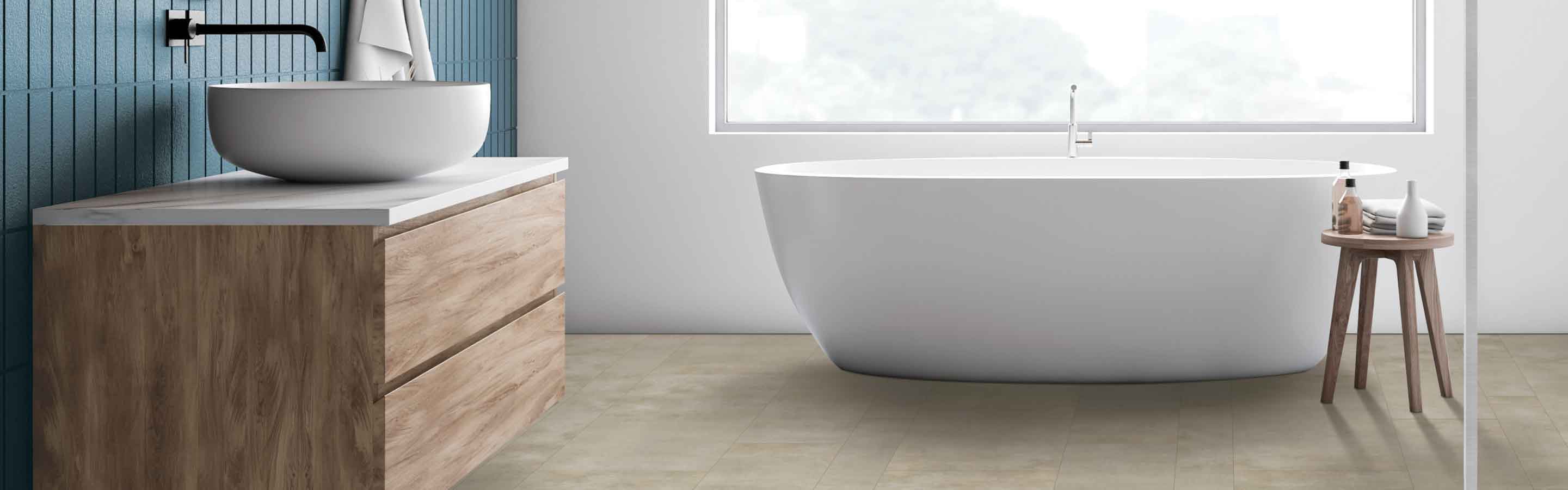 bathroom with vinyl flooring and a free standing tub