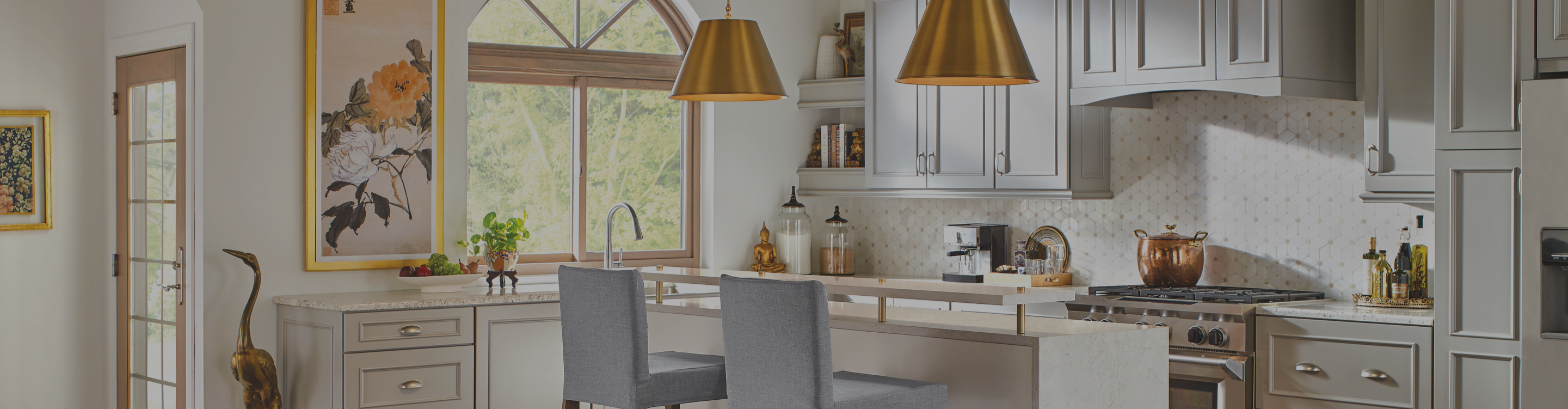 Kitchen with wood-look flooring and backsplash tile